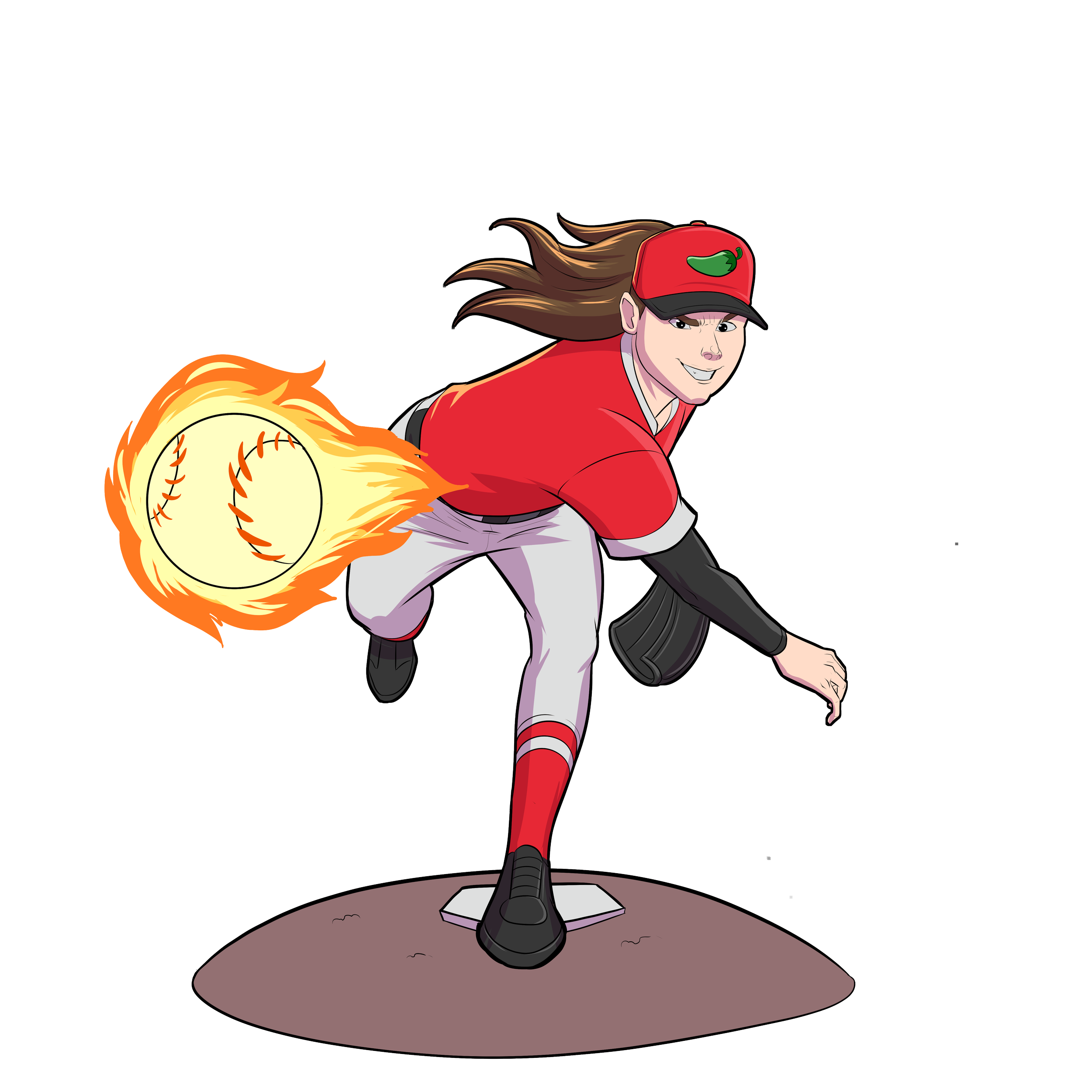 A cartoon baseball player in a red and white uniform with a red cap featuring a green pepper logo, running on a base with a baseball fiery trail behind him.