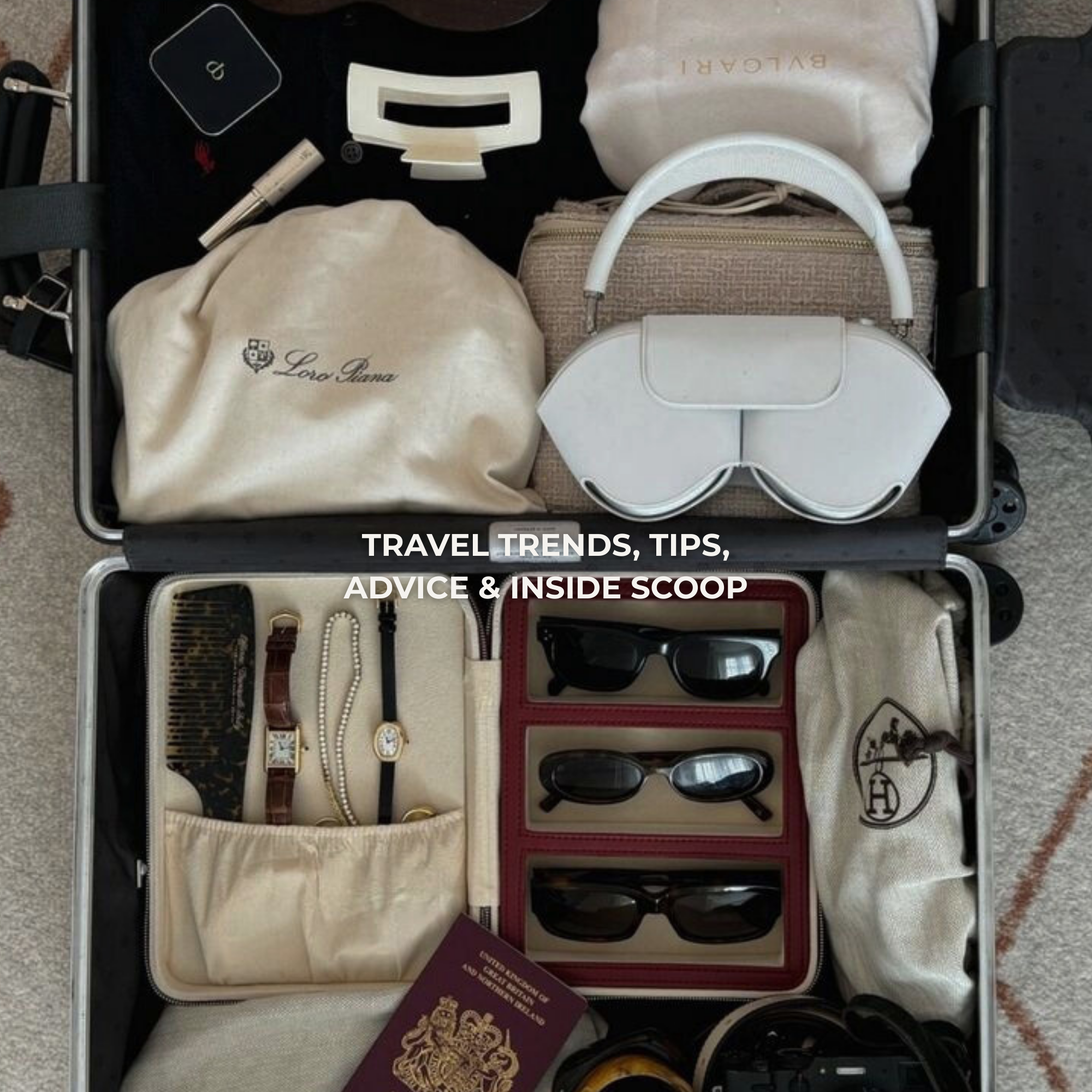An open suitcase packed with travel essentials, including disorganized accessories, sunglasses in a case, jewelry, a white handbag, and a passport. There is a white sleep mask, a notebook or planner, and various small items for travel.