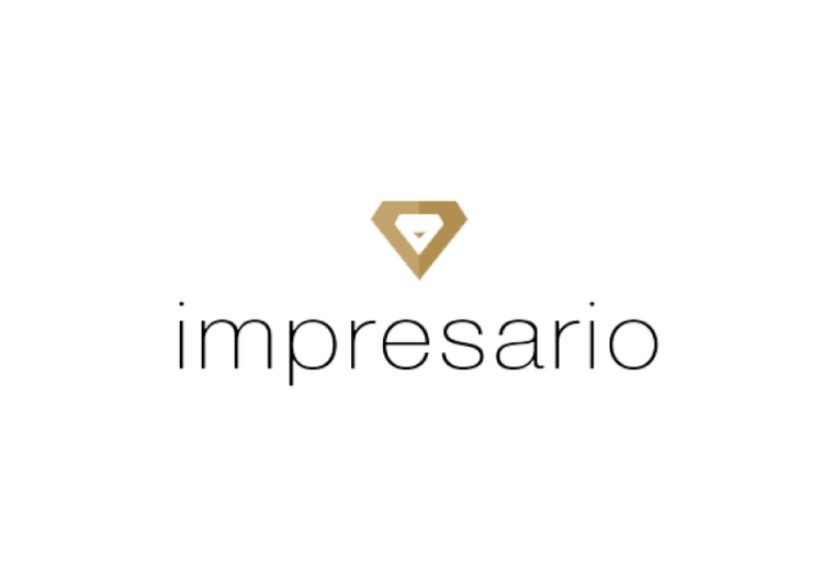 Logo with a gold geometric diamond shape above the word 'impresario' in black lowercase letters.