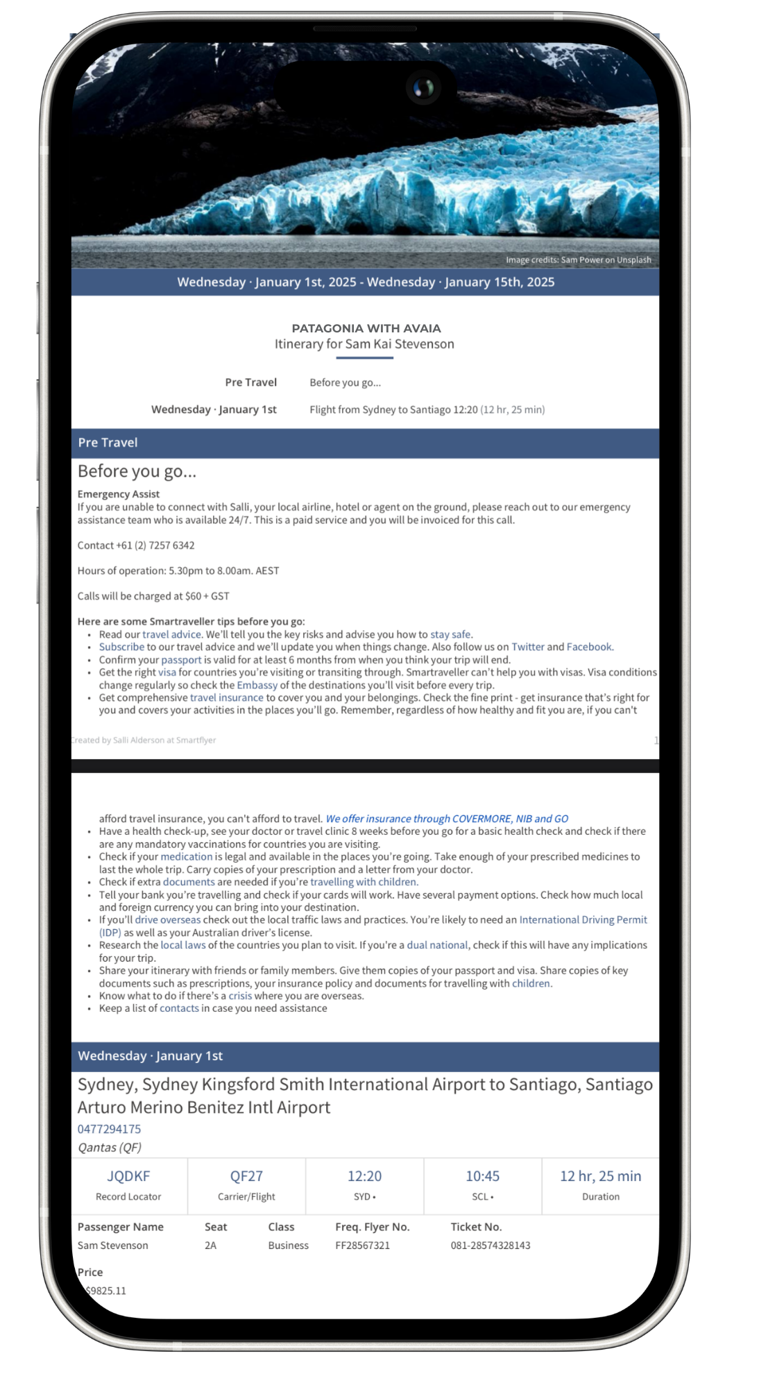 A smartphone screen displays a travel itinerary for a trip from Sydney to Santiago on January 1st, 2025, with details about pre-travel tips, emergency contacts, and flight information, including a background image of a glacier.
