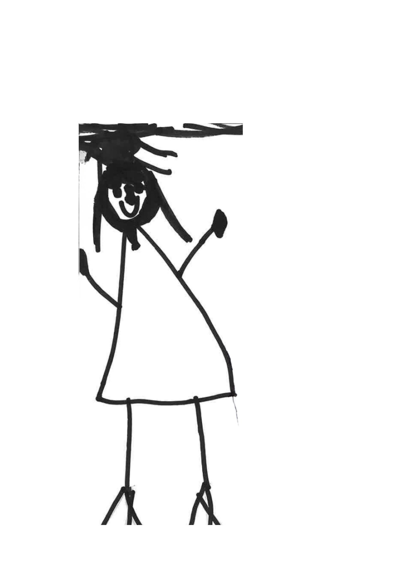Child's drawing of a person with black hair, smiling face, and long legs, standing with arms extended to the sides.