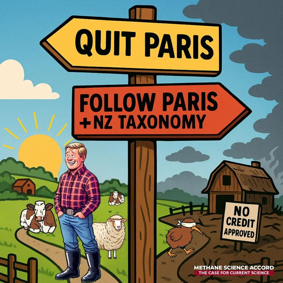 A cartoon rural scene with a man wearing a plaid shirt, jeans, and rubber boots standing in front of farm animals, including cows, sheep, and a duck. A sun is rising or setting in the background. A signpost shows two arrows: one pointing left says "Quit Paris," and the other pointing right says "Follow Paris +NZ Taxonomy." There is a small barn with a sign that reads "No Credit Approved," and dark smoke is coming from a chimney. The image is related to methane science and climate change.