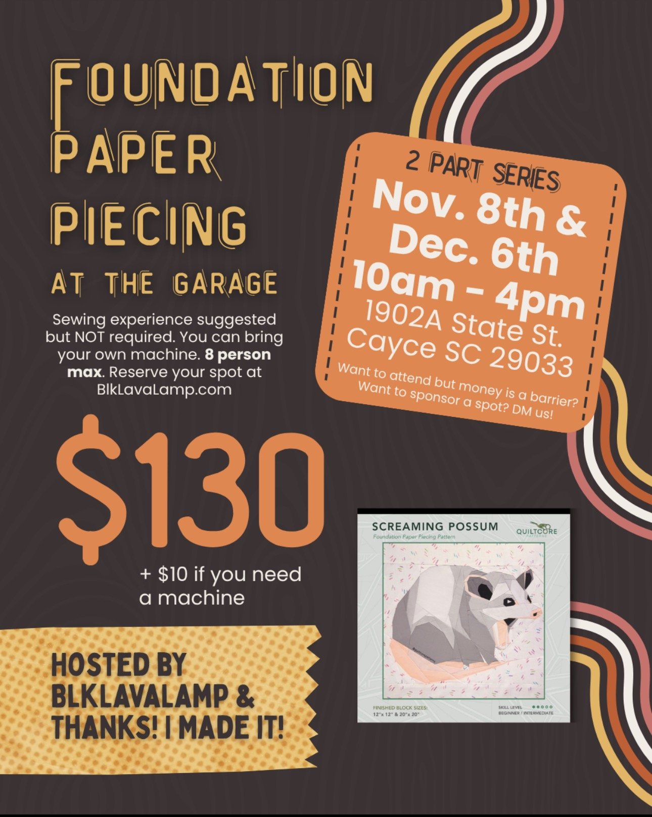 Two Part Series Foundation Paper Piecing Workshop November 8th and December 6th 10am-4pm at the garage!