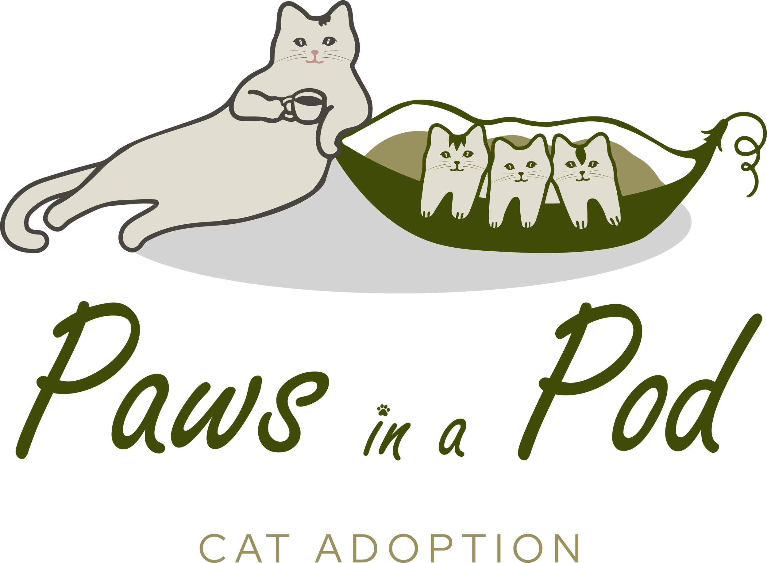 Illustration of a relaxed white cat with gray markings lying down and holding a cup, a hammock with three cats inside it, and text reading "Paws in a Pod Cat Adoption".