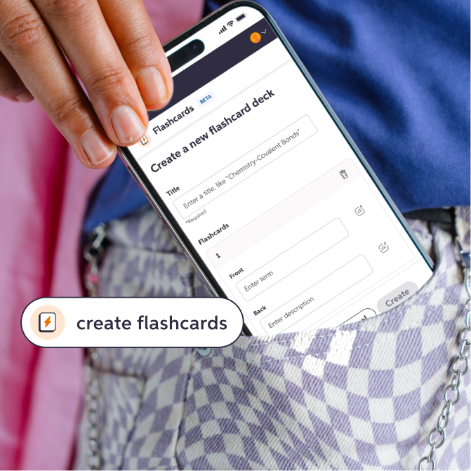 Person creating new flashcards on a smartphone app, with a form to enter title, front, back, and description, labeled 'Create a new flashcard deck'.
