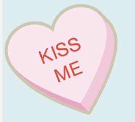 Pink heart with the words 'KISS ME' in red text in the center