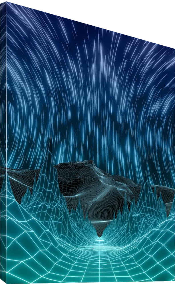 Futuristic digital landscape with glowing wireframe mountains and a starry sky with streaks of light.