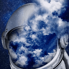 Close-up of an astronaut's helmet with a reflection of the cloudy sky and stars in the visor.