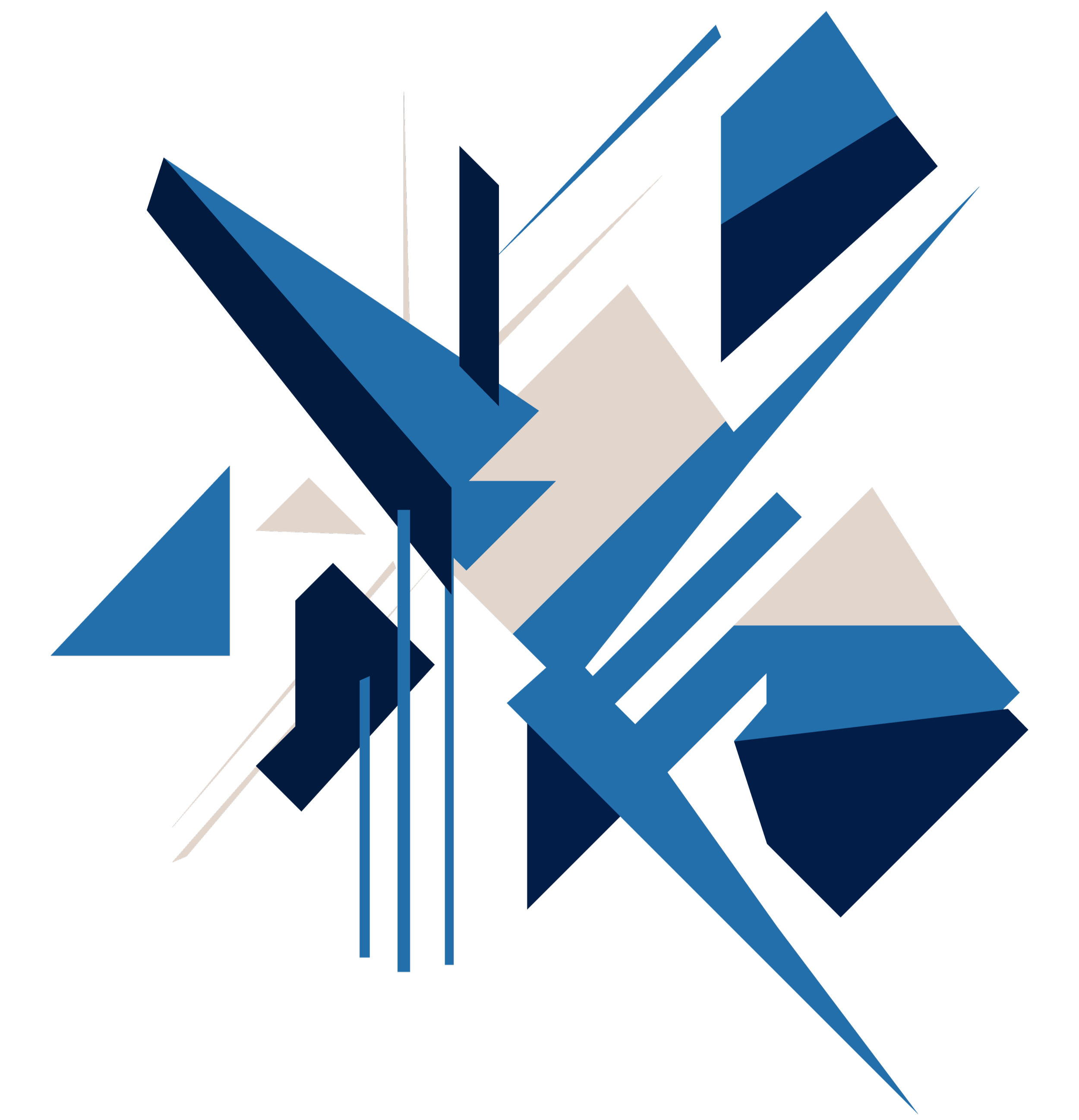 Abstract geometric artwork with sharp-edged blue, black, and white shapes arranged in a dynamic pattern.