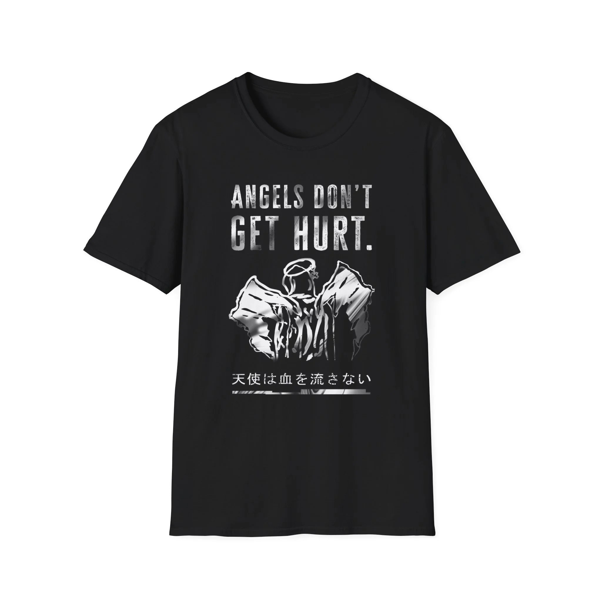 Black T-shirt with white text saying "Angels don't get hurt" and a graphic of an angel with wings and a halo, with Japanese text below.