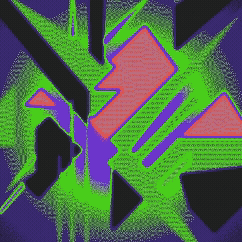 Abstract graffiti art with bright greens, pinks, blues, and black shapes and lines.