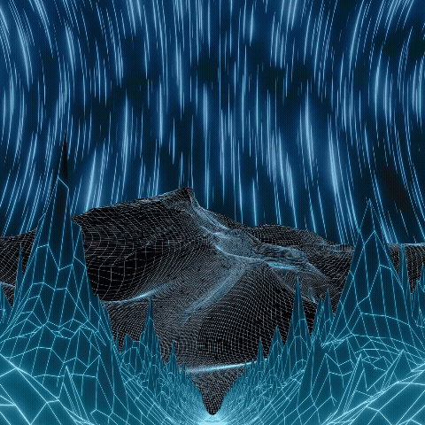 Futuristic digital landscape with glowing wireframe mountains and falling data streams in a virtual environment.