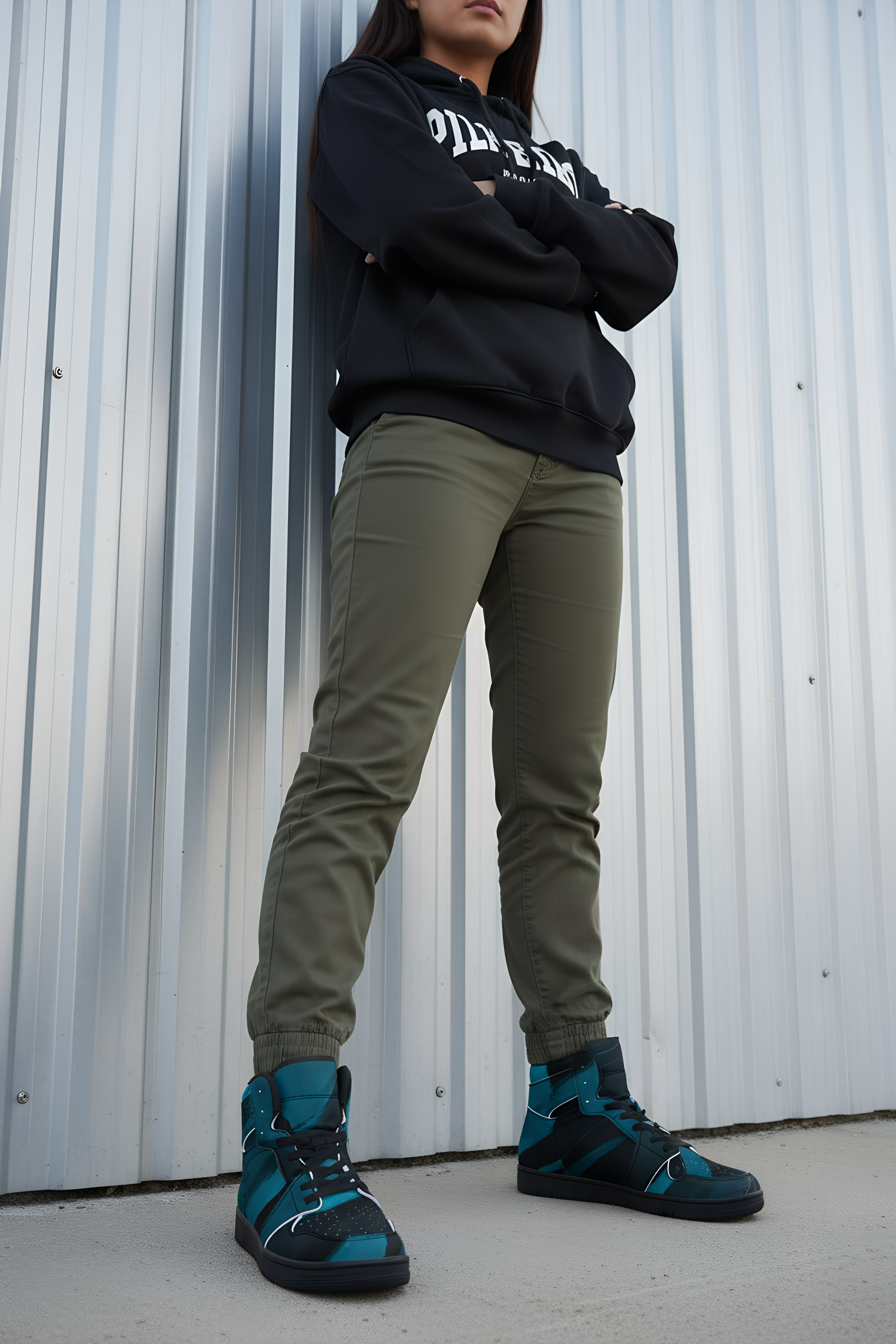 A person standing with arms crossed, wearing a black hoodie, olive green pants, and black and teal high-top sneakers, leaning against a silver corrugated metal wall.