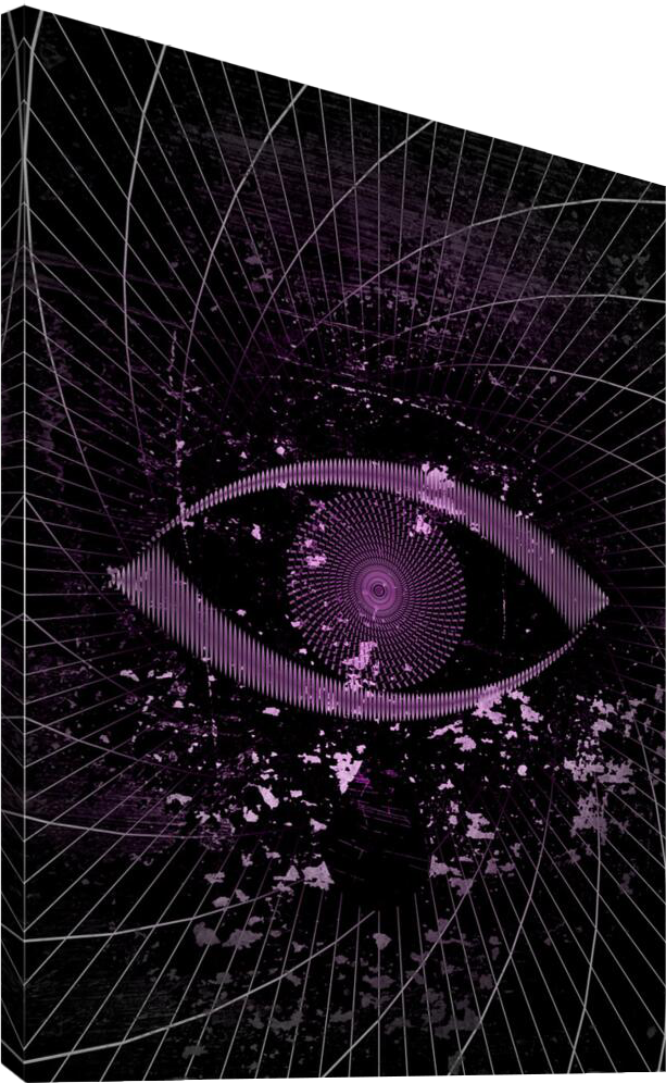 Digital art of a stylized eye with concentric circles and grid lines, emitting purple and black colors, creating a hypnotic and futuristic appearance.