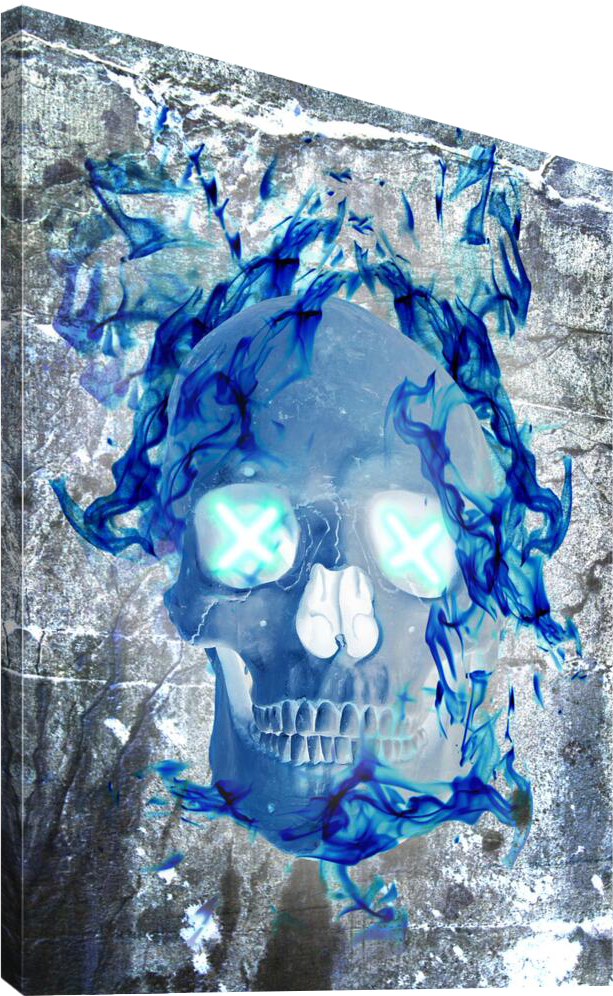 A skull with glowing eyes surrounded by blue flames on a textured wall background.