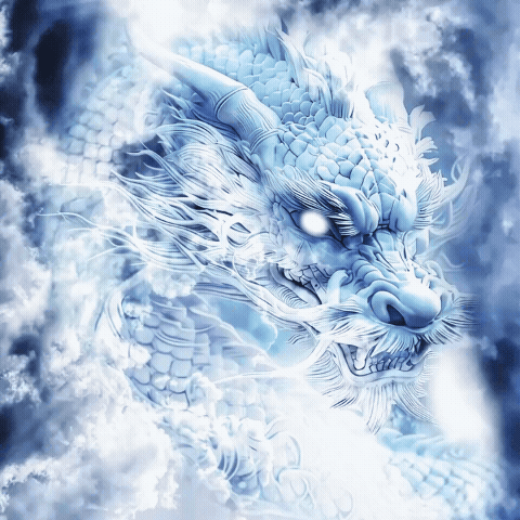 A detailed, icy blue dragon emerging from clouds in a fantasy illustration.