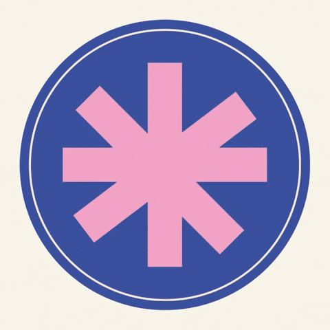 Logo circulaire avec une étoile à six branches rose sur fond bleu.