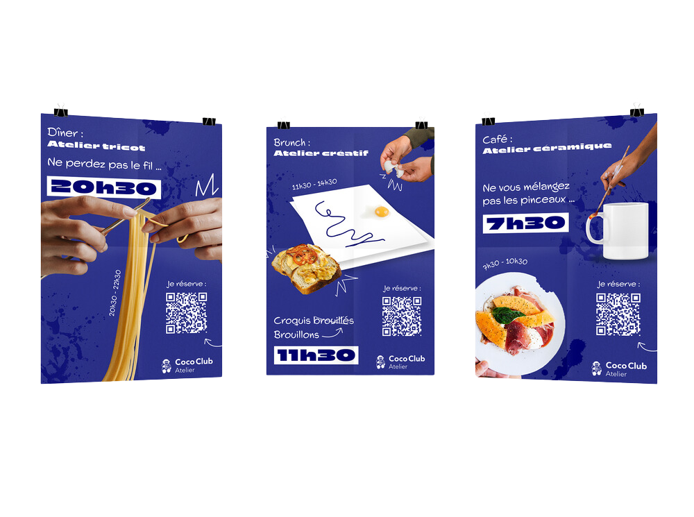 Trois affiches bleues promotionnelles pour des ateliers culinaires, représentant respectivement la couture de spaghetti, un atelier créatif avec un œuf sur une nappe, et un atelier de céramique avec une tasse et un plat de nourriture colorée.