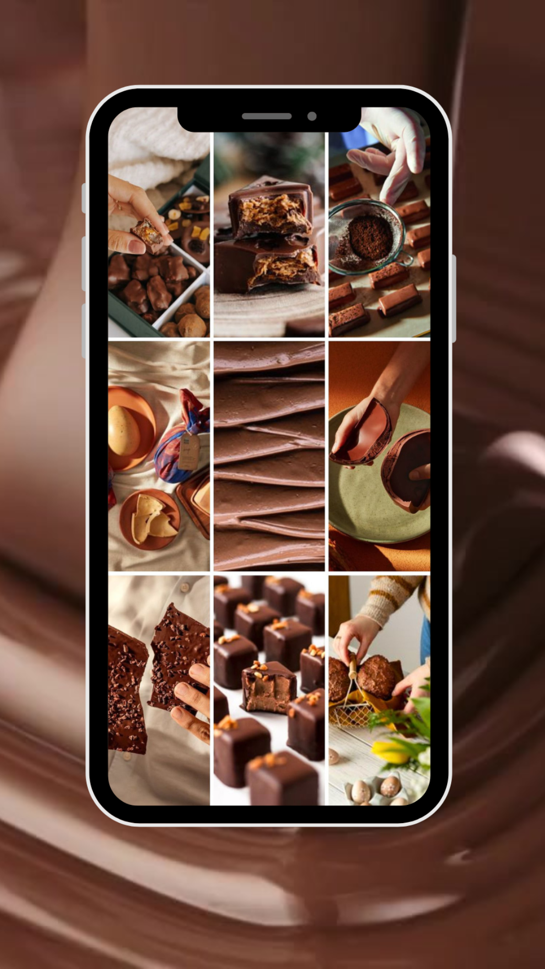collage de différentes images de chocolats et pâtisseries au chocolat.