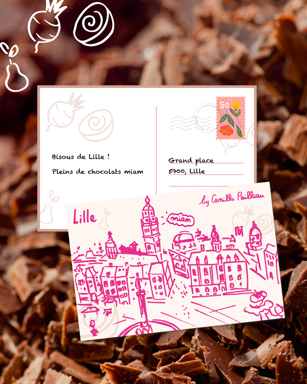 Une illustration de cartes postales sur un fond de morceaux de chocolat. La première carte montre une ligne de texte en français, une image de timbre, et une adresse. La deuxième carte, dessinée en style sketch en rose, représente un paysage urbain d