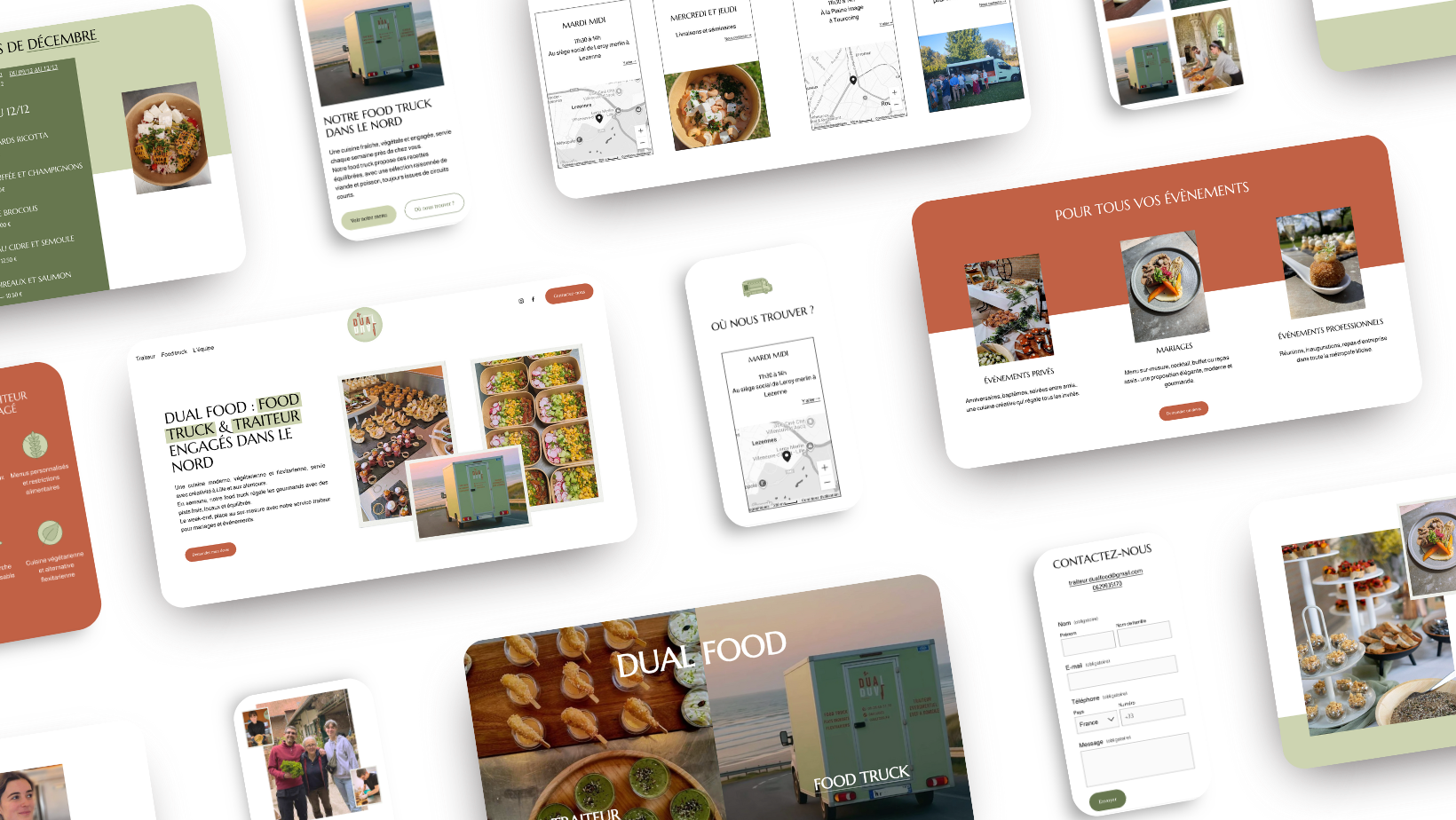 Mockups d'écrans affichant le site web pour un service de dual food, avec des menus, des photos de plat, des cartes, et des informations de contact, tous en français.