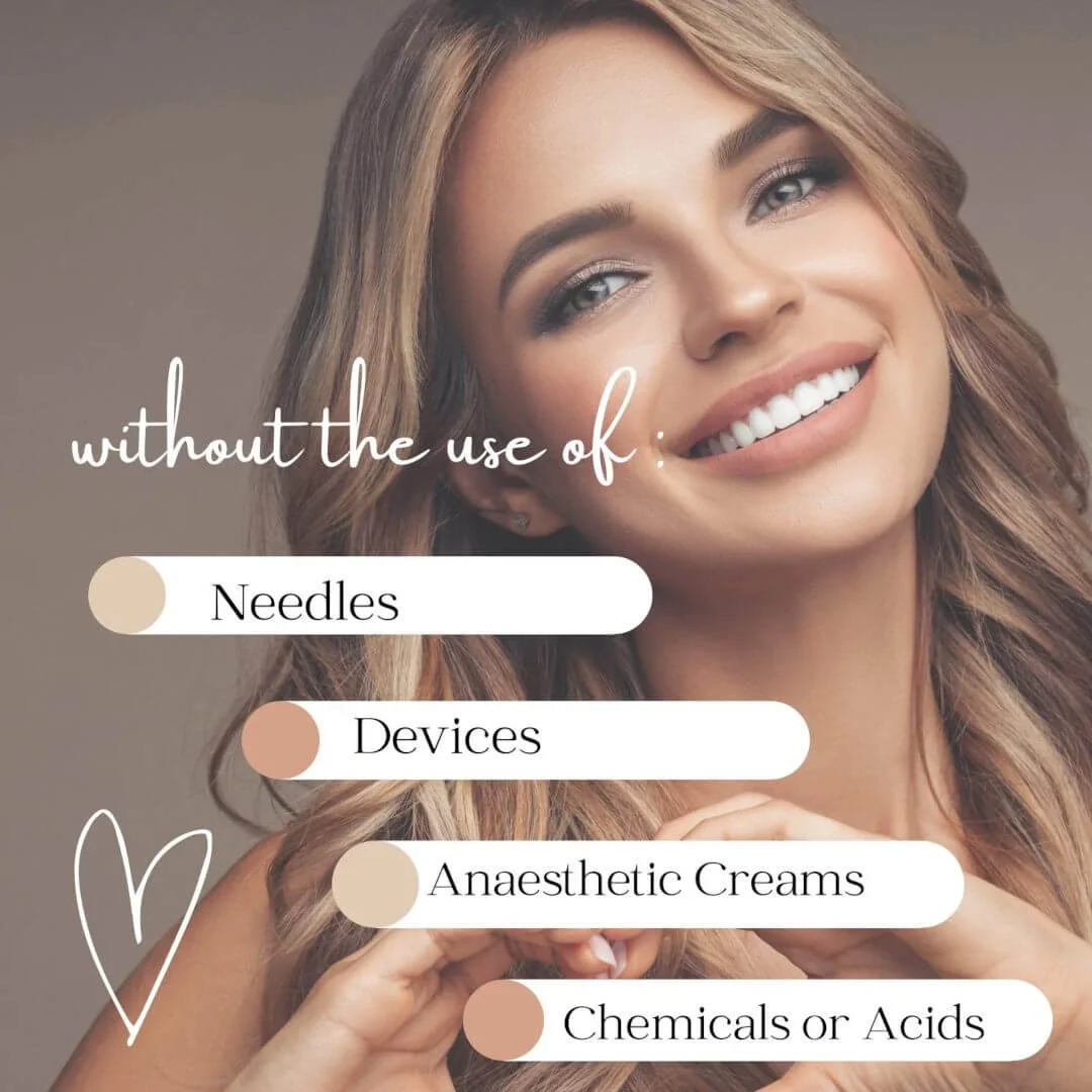 Promotional image highlighting that SQT bio-microneedling is performed without traditional needles, devices, or chemical peels.