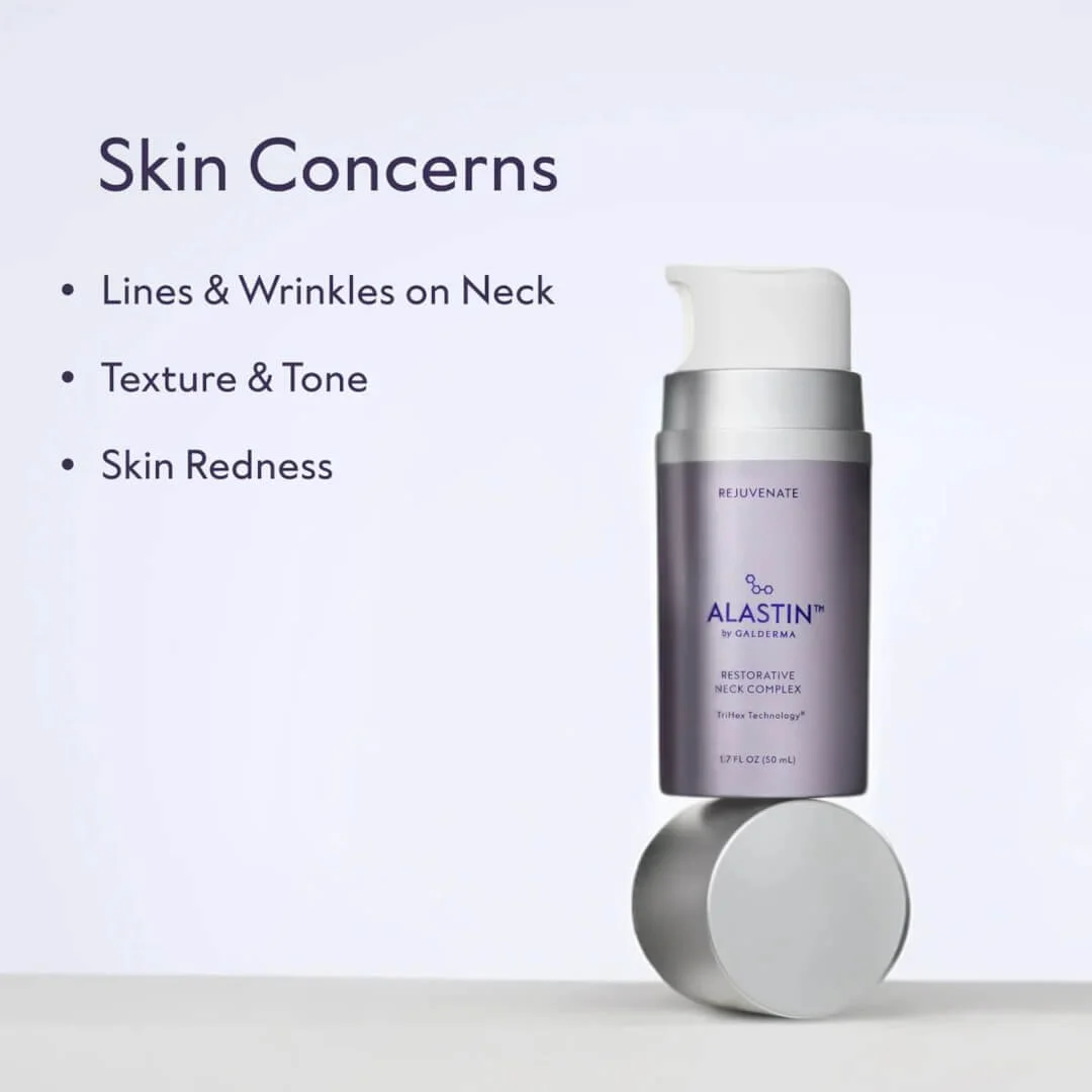 Alastin Restorative Neck Complex with TriHex Technology® displayed alongside common neck skin concerns including lines and wrinkles, texture, and redness.