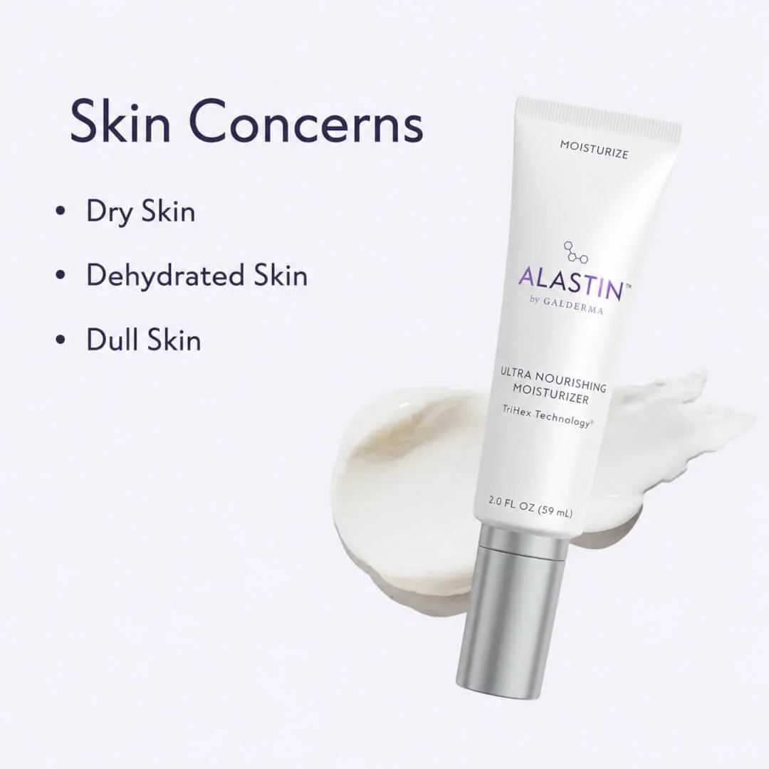 Alastin Ultra Nourishing Moisturizer with TriHex Technology® displayed alongside common skin concerns including dry skin, dehydrated skin and dull skin.
