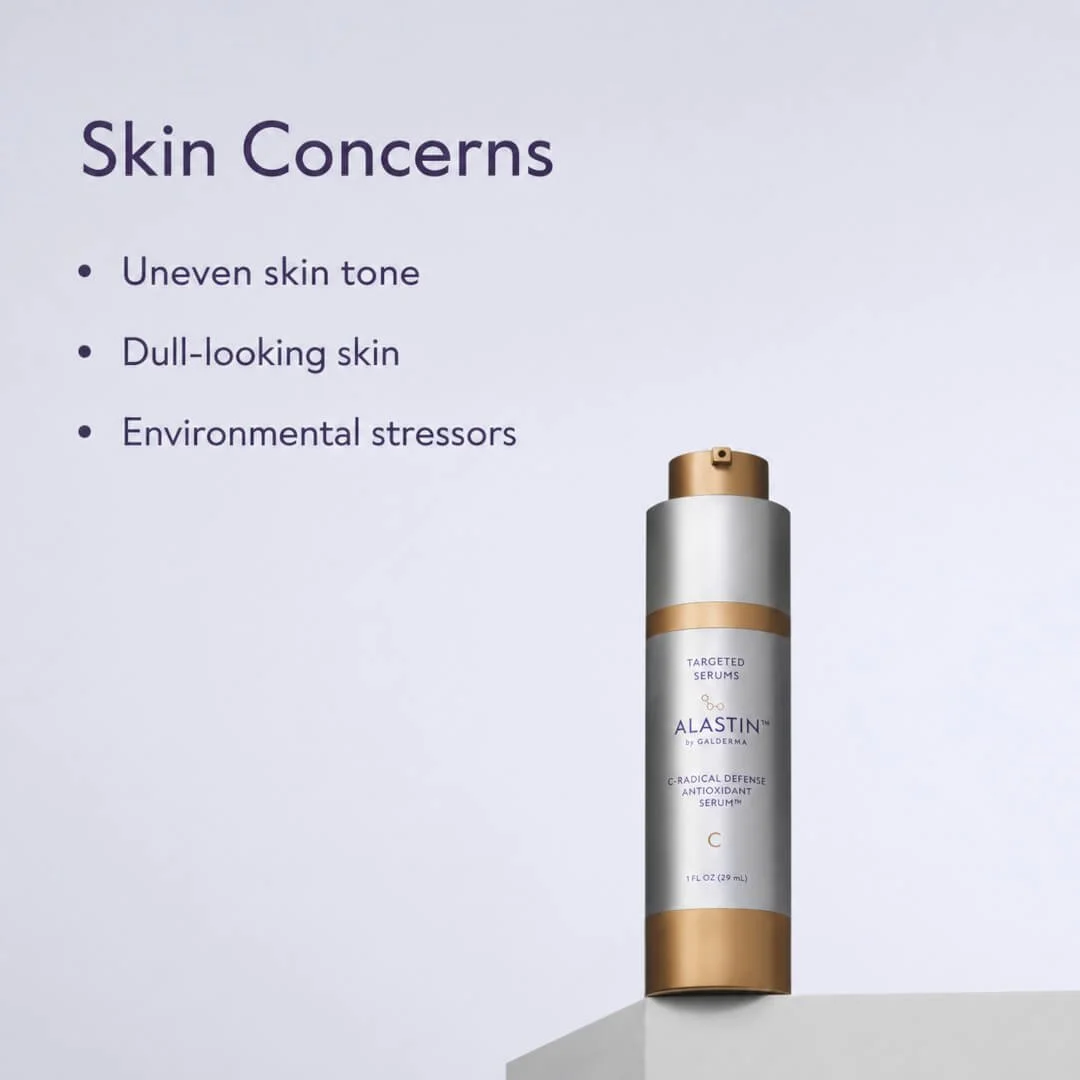 Alastin C-Radical Defense Antioxidant Serum displayed alongside common skin concerns including uneven skin tone, dull-looking skin and environmental stressors.