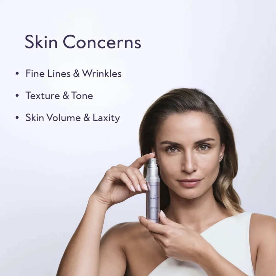 Model holding Alastin Restorative Skin Complex with TriHex+™ alongside common skin concerns including fine lines, texture and skin laxity.