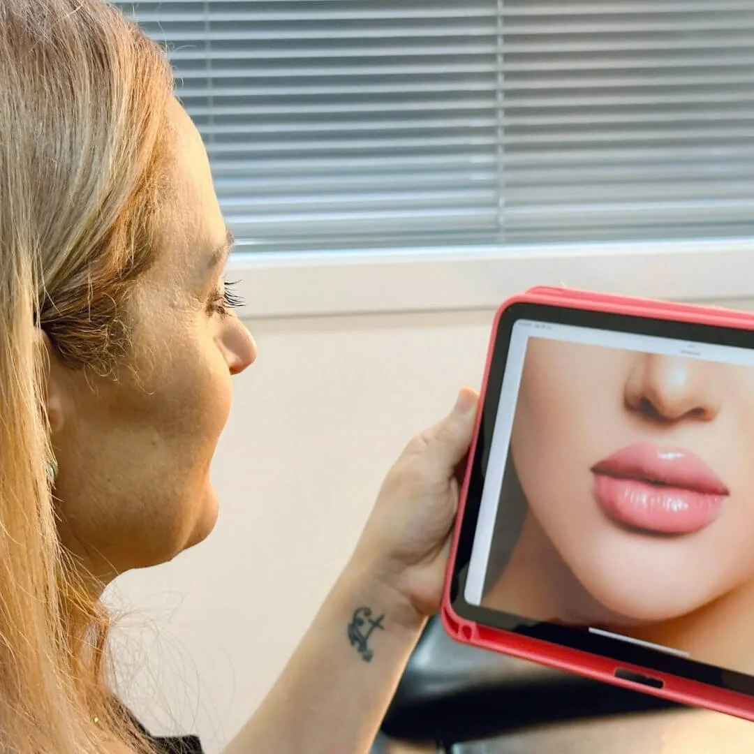 RN Jolieta using a tablet to discuss facial aesthetic goals and suitable clinical options during a consultation.