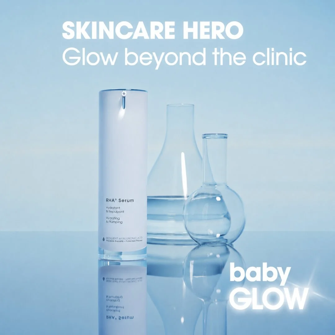 Topical hyaluronic acid serum displayed beside laboratory glassware on the skin hydration consultation page.