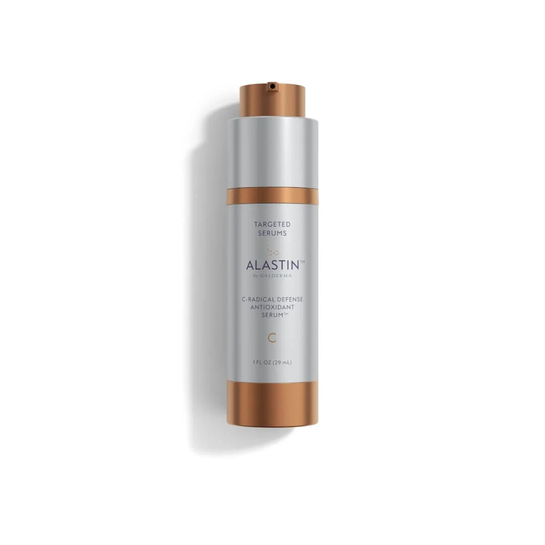 Alastin C-Radical Defense Antioxidant Serum with pump applicator exposed.