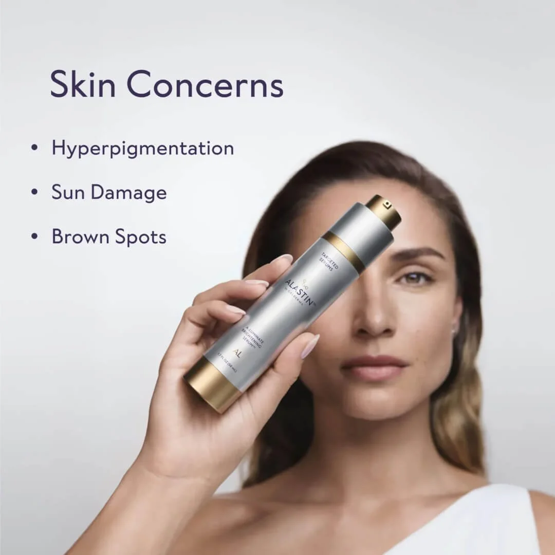 Model holding Alastin A-LUMINATE Brightening Serum™ alongside common skin concerns including hyperpigmentation, sun damage and brown spots.