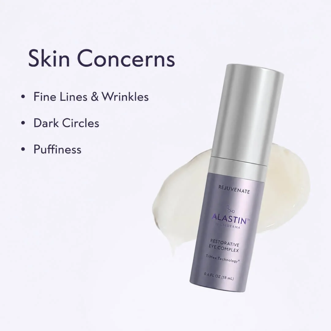 Alastin Restorative Eye Complex with TriHex Technology® displayed alongside common eye area concerns including fine lines, dark circles and puffiness.