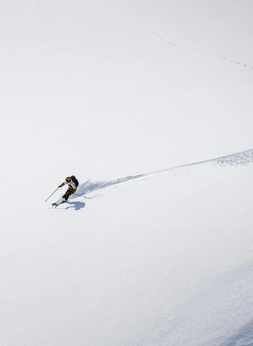 A skier in brown and white gear skiing downhill on a vast, snow-covered slope.
