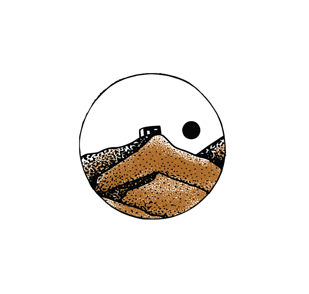Minimalist illustration of a landscape inside a circle, featuring a mountain, a train, a large black sun or moon, and a dotted sky.