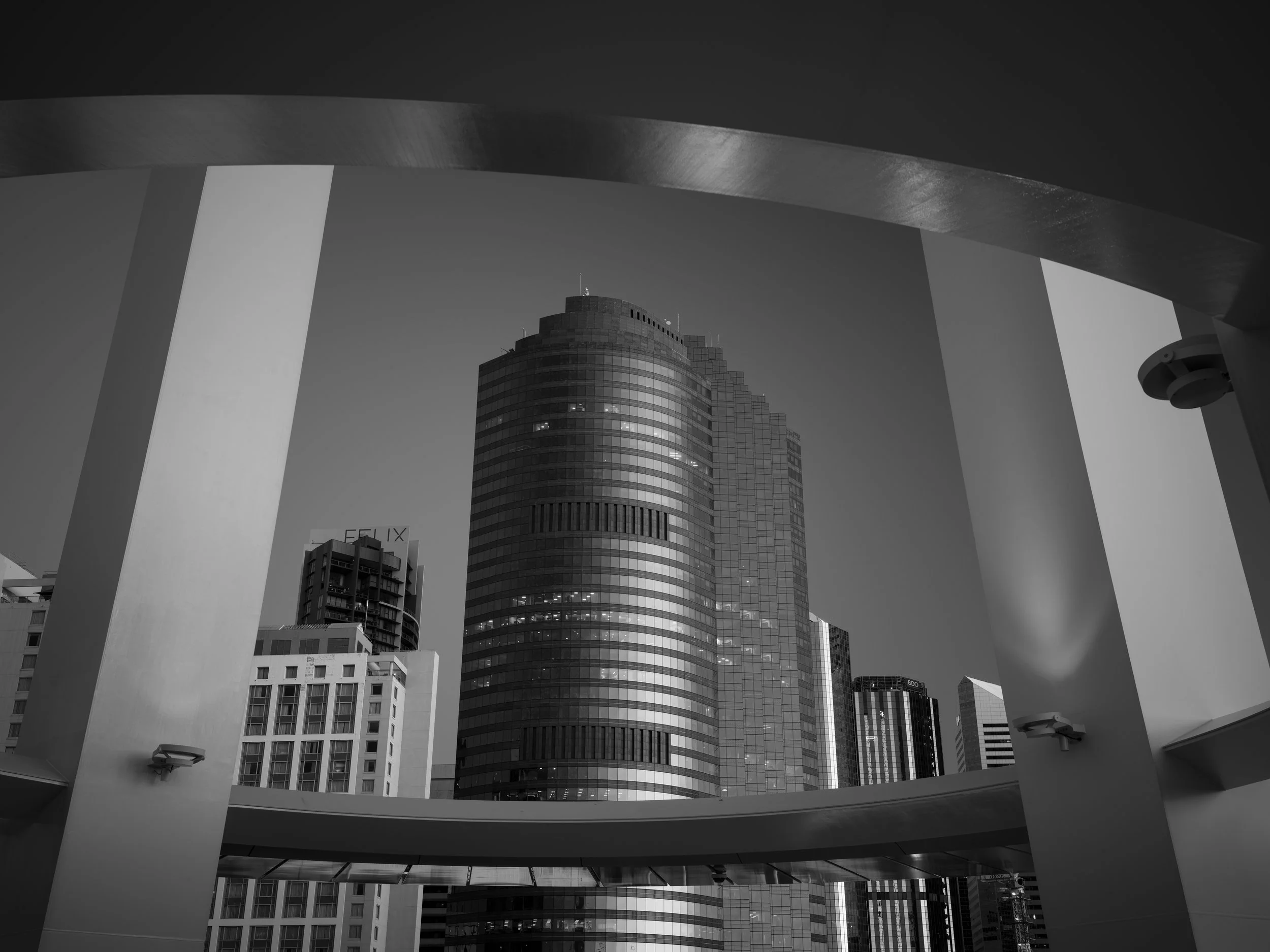 Black and white photo of Brisbane's city buildings