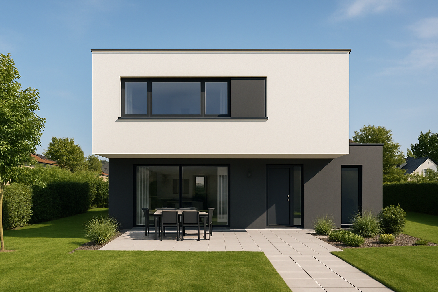 Freistehendes, modernes, helles Einfamilienhaus mit Blick von hinten auf Terrasse und Garten, Kiel, Plön, Hamburg, Lübeck, Norddeutschland
