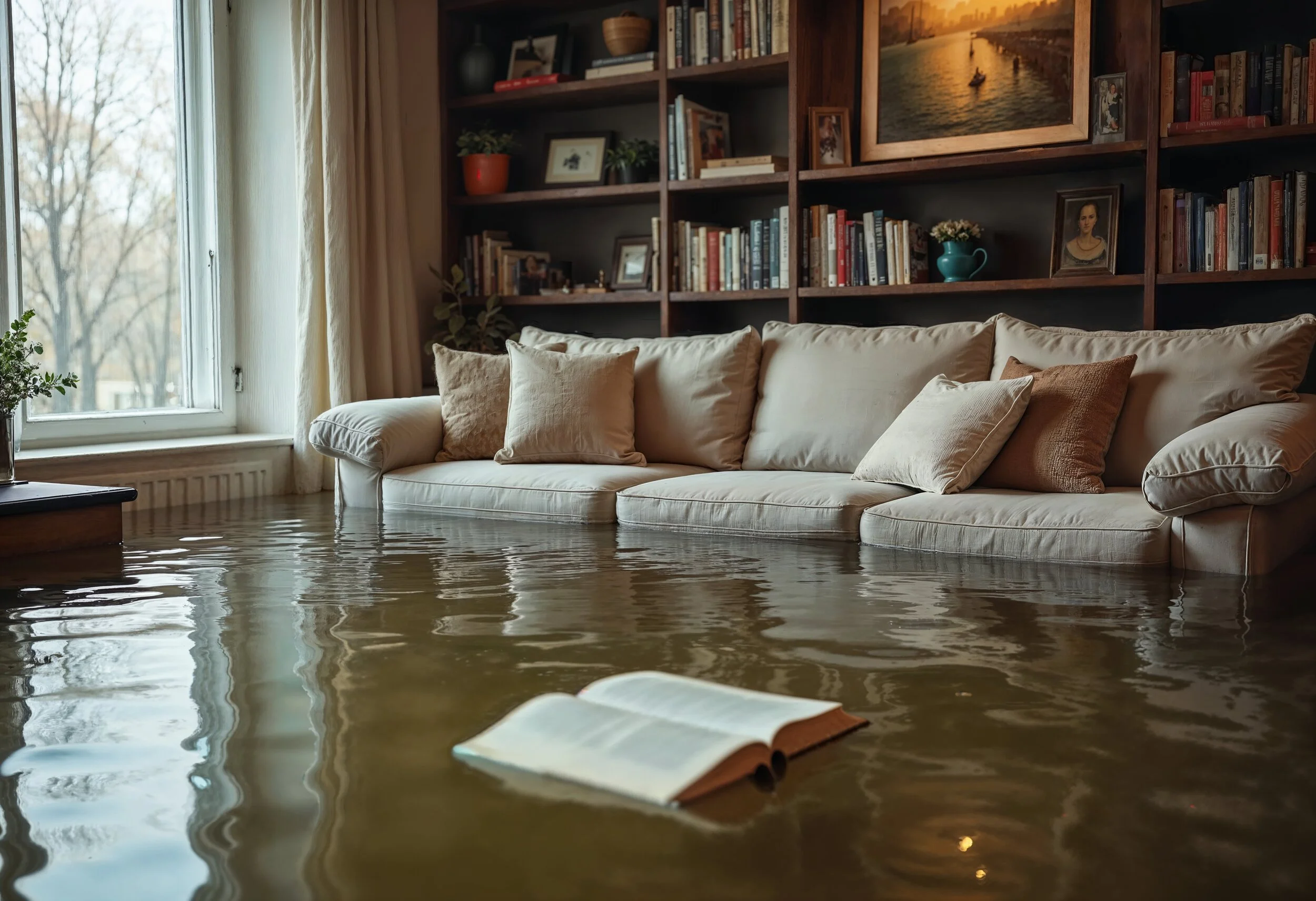 Wasserschaden in Wohnzimmer, Zimmer steht unter Wasser, Sofa und Regal überflutet, ein Buch schwimmt aufgeschlagen an der Oberfläche