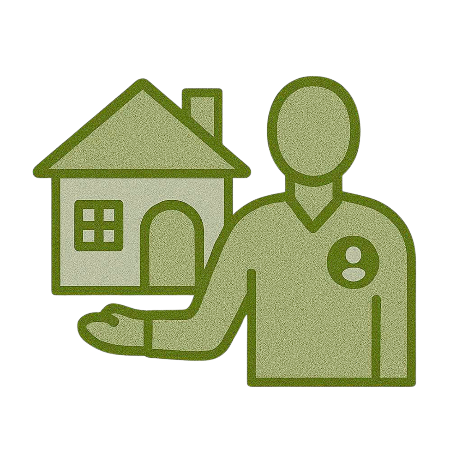 Green icon of a person holding a house, representing real estate or property management