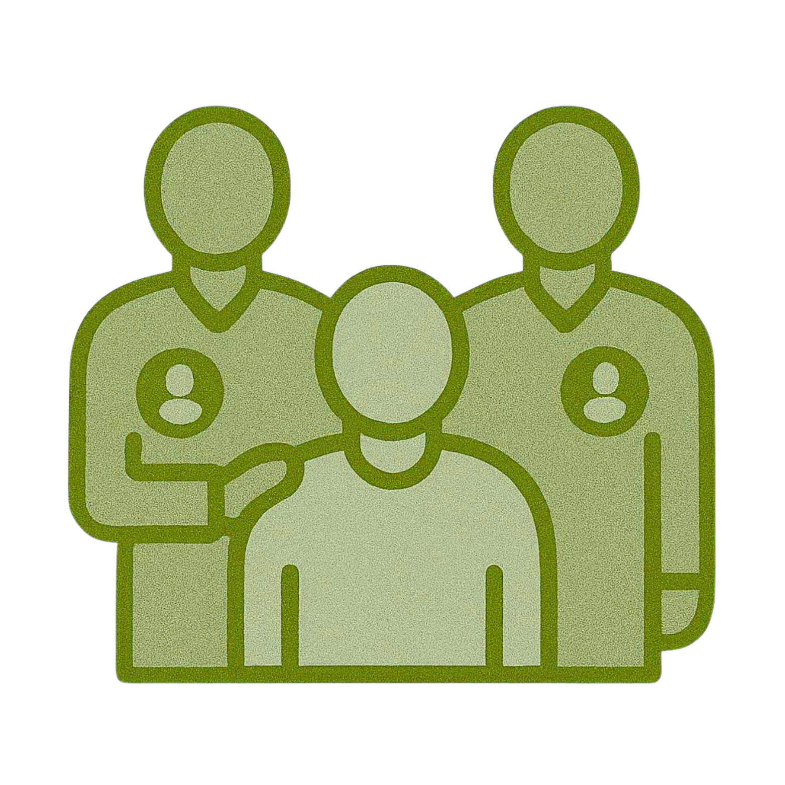 Simple green outline icon of three people standing close together, representing a group or team.