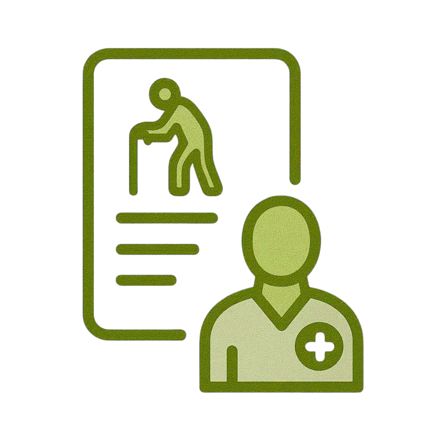 Icon representing a healthcare worker or medical professional with a clipboard showing a walking cane symbol, indicating elder or assisted living care, in green and beige colors.