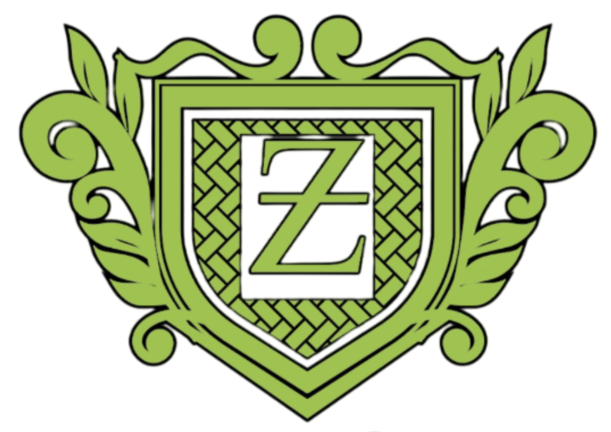 A green and black crest with a shield in the center featuring a purple letter Z. The shield is surrounded by ornate, leafy decorations.