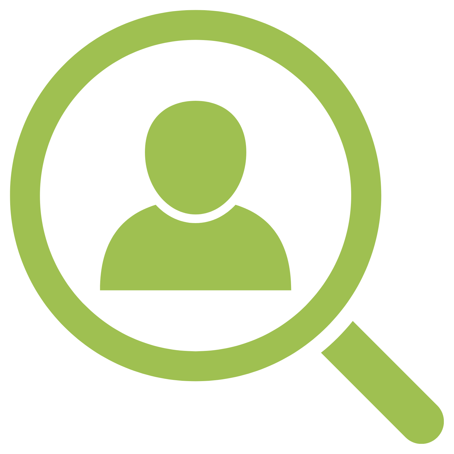 Green icon of a person under a magnifying glass.