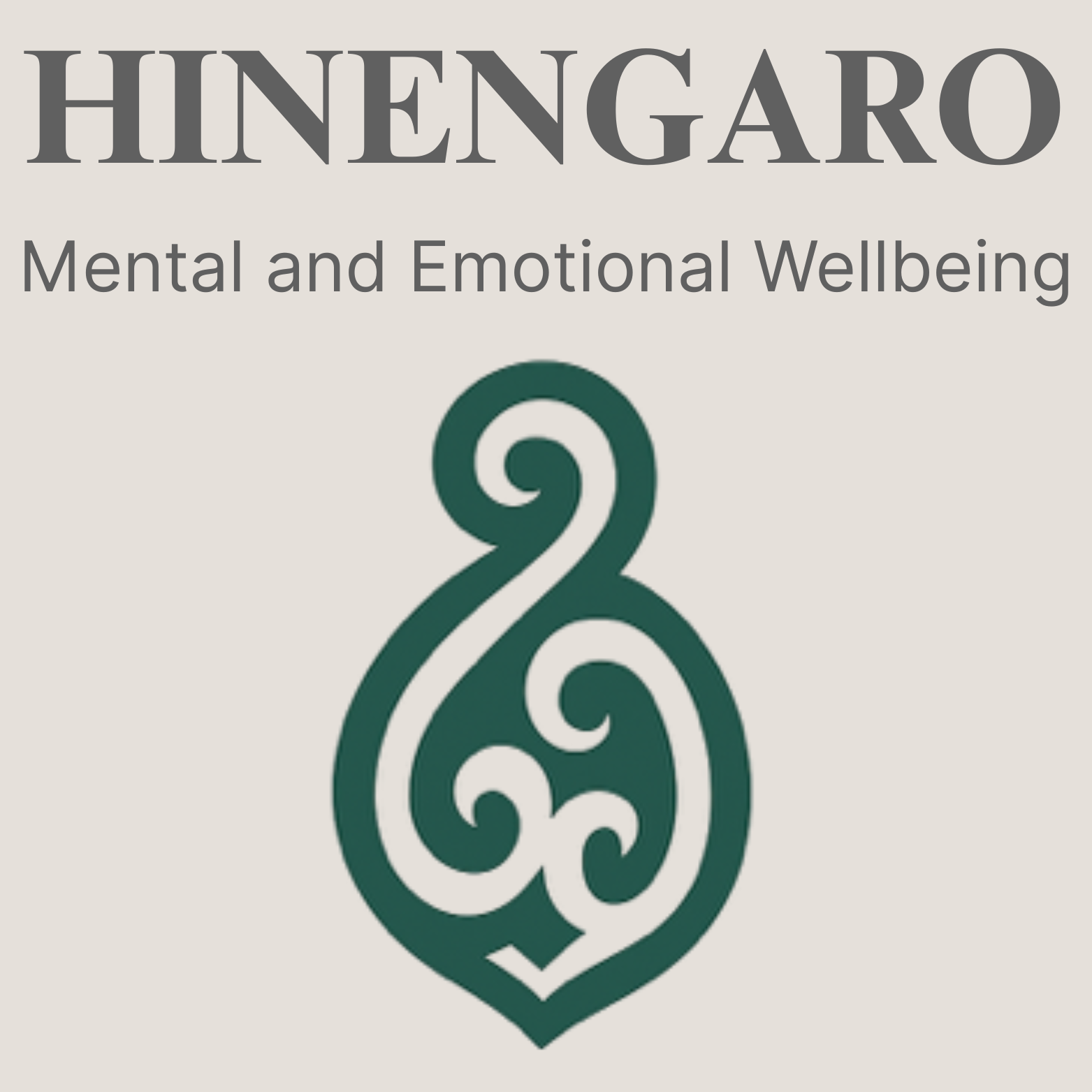 Logo and text for Hinengaro, focusing on mental and emotional wellbeing, with a symbolic graphic resembling a stylized person or abstract design.