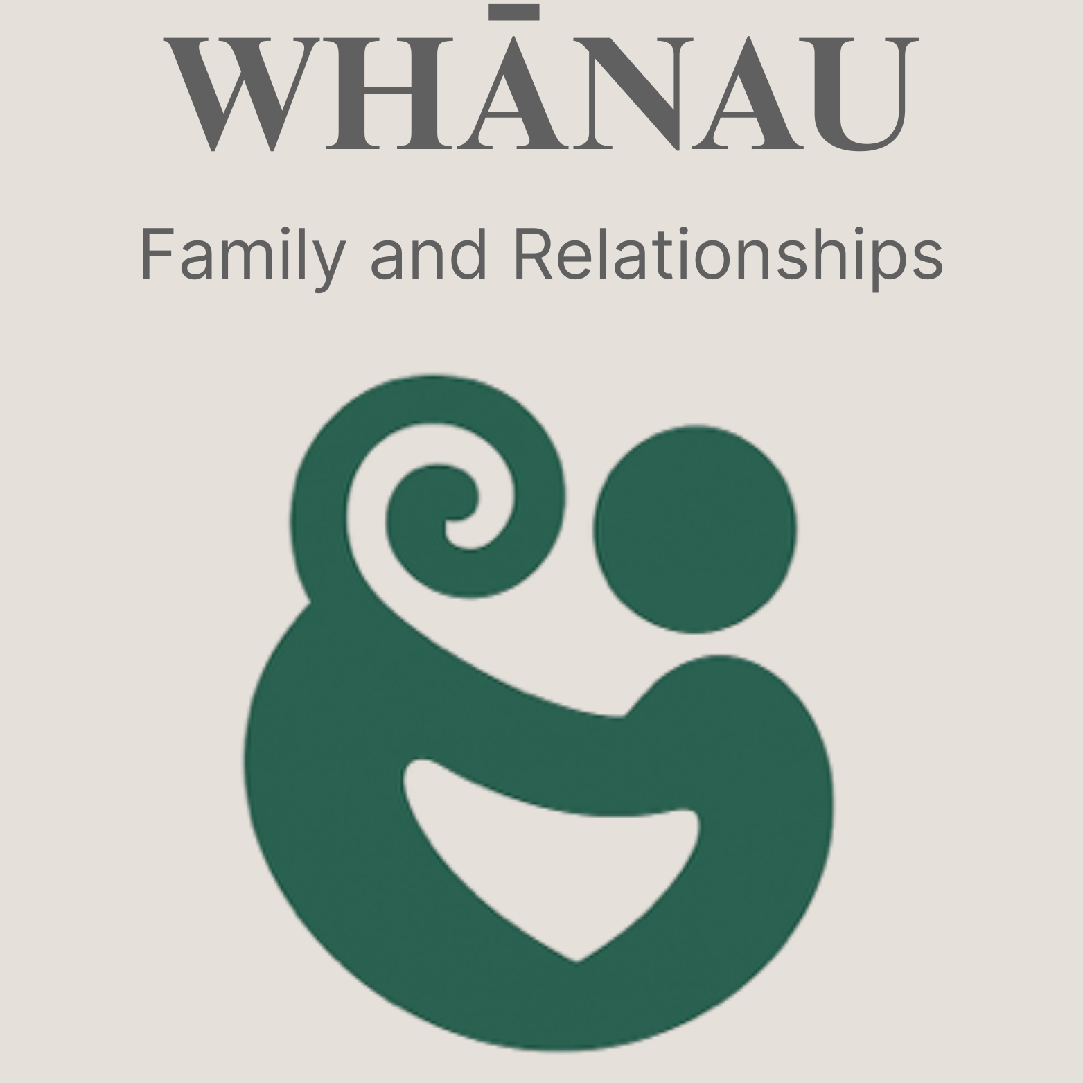 Cover of a book titled "Whānau: Family and Relationships" featuring a minimalist green line drawing of a person with a spiral head and heart in the center.