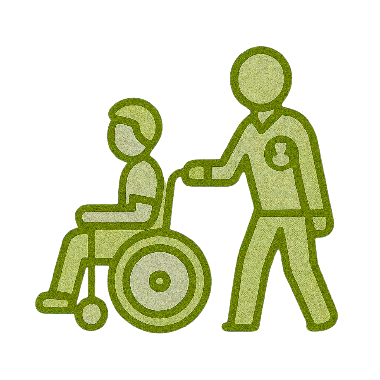 Outline illustration of a person in a wheelchair being assisted by a caregiver, with the caregiver standing and reaching out a hand to the person in the wheelchair.