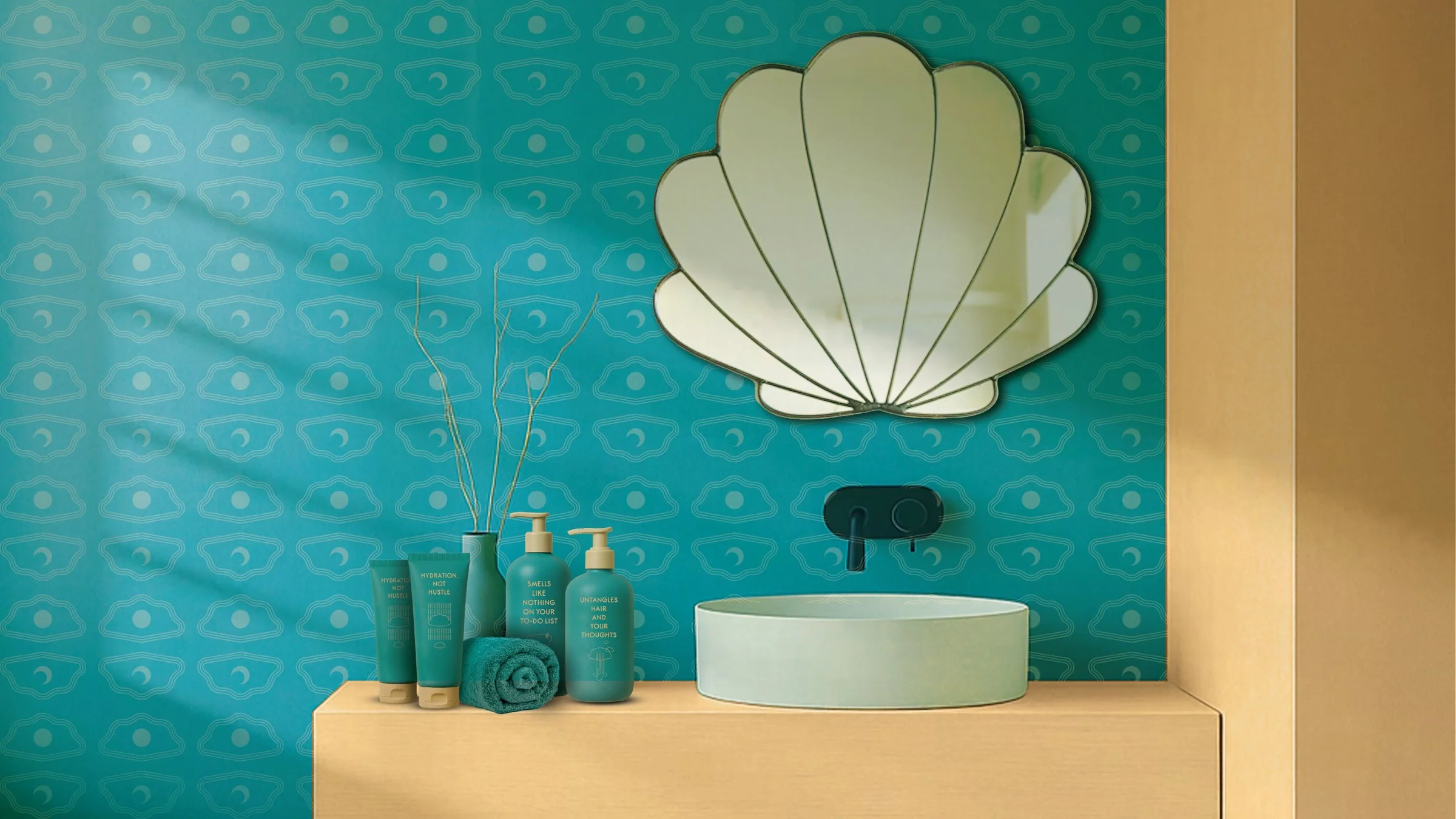 Logo inspired Mirror on the patterned wall 