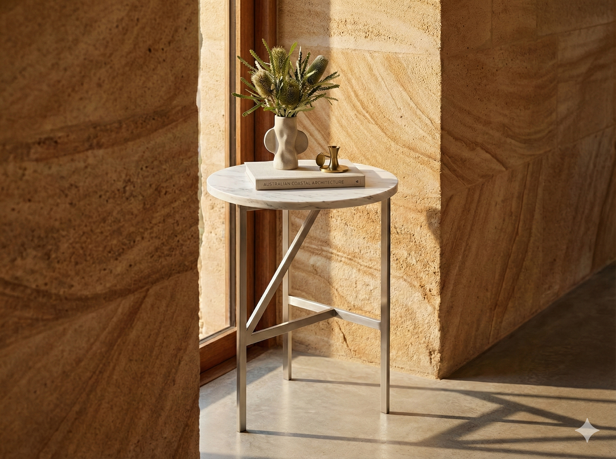 A small round marble-top table with metal legs, placed near a window. On the table, there is a white vase with green plants, a book titled 'Australian Coastal Architecture', and a small gold decorative object. Sunlight casts shadows on the table and wall.